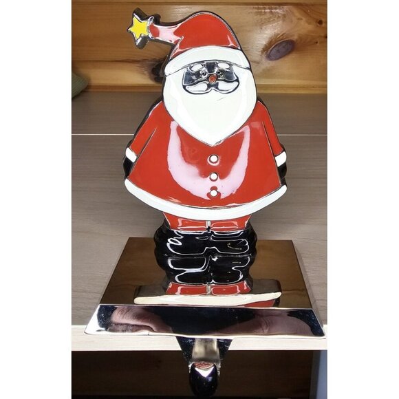 Metal Enamel SANTA CLAUS Christmas STOCKING HANGER Mantel Holder Hook Holiday - Picture 1 of 8